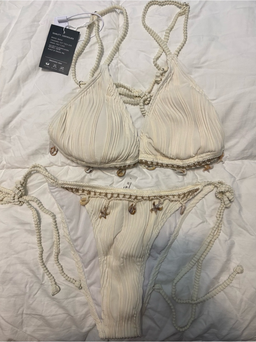 Cream Textured String Bikini with Shell Charms